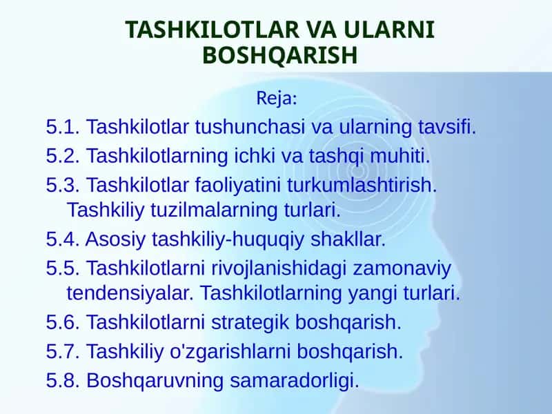 TASHKILOTLAR VA ULARNI BOSHQARISH