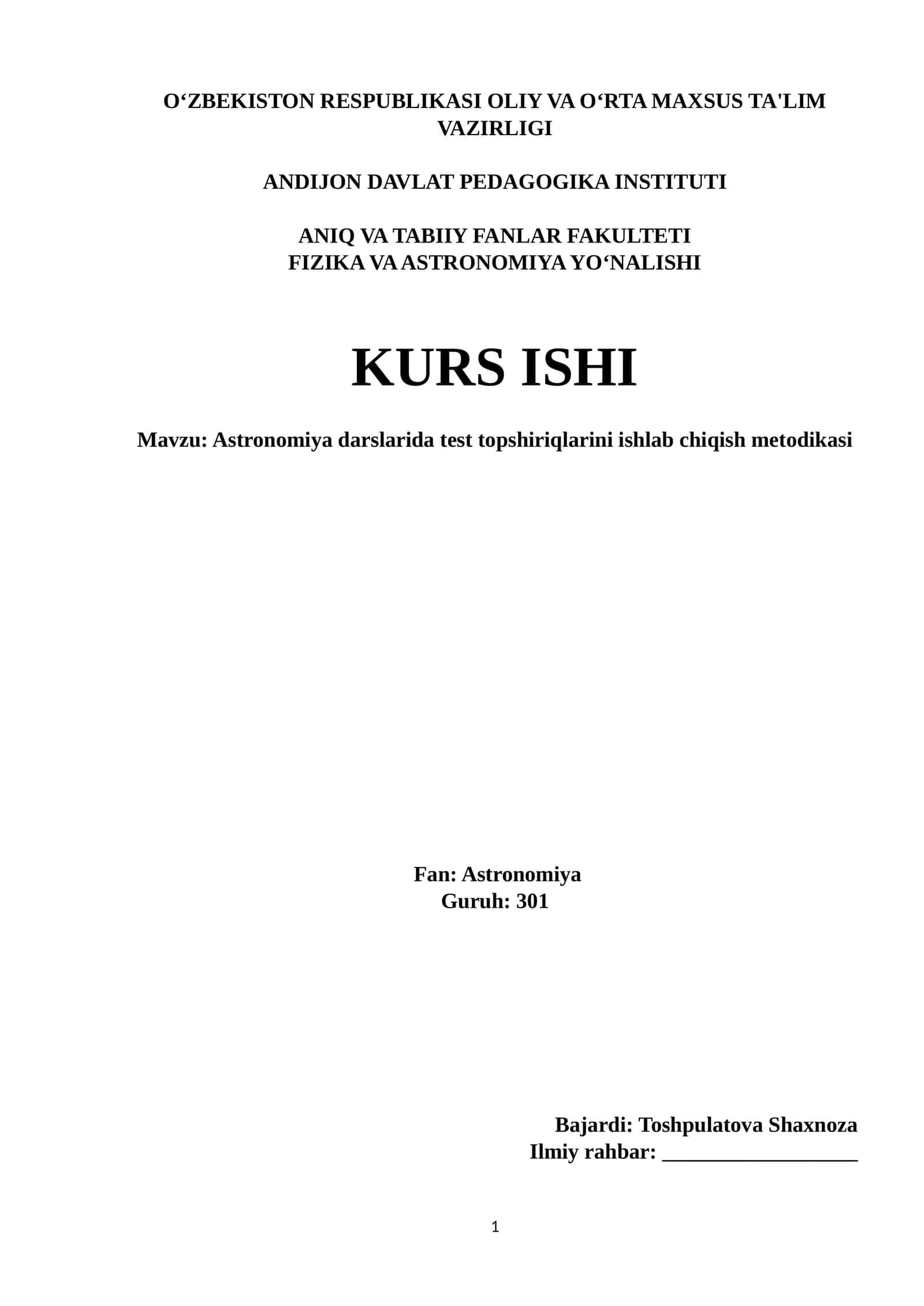 Astronomiya darslarida test topshiriqlarini ishlab chiqish metodikasi