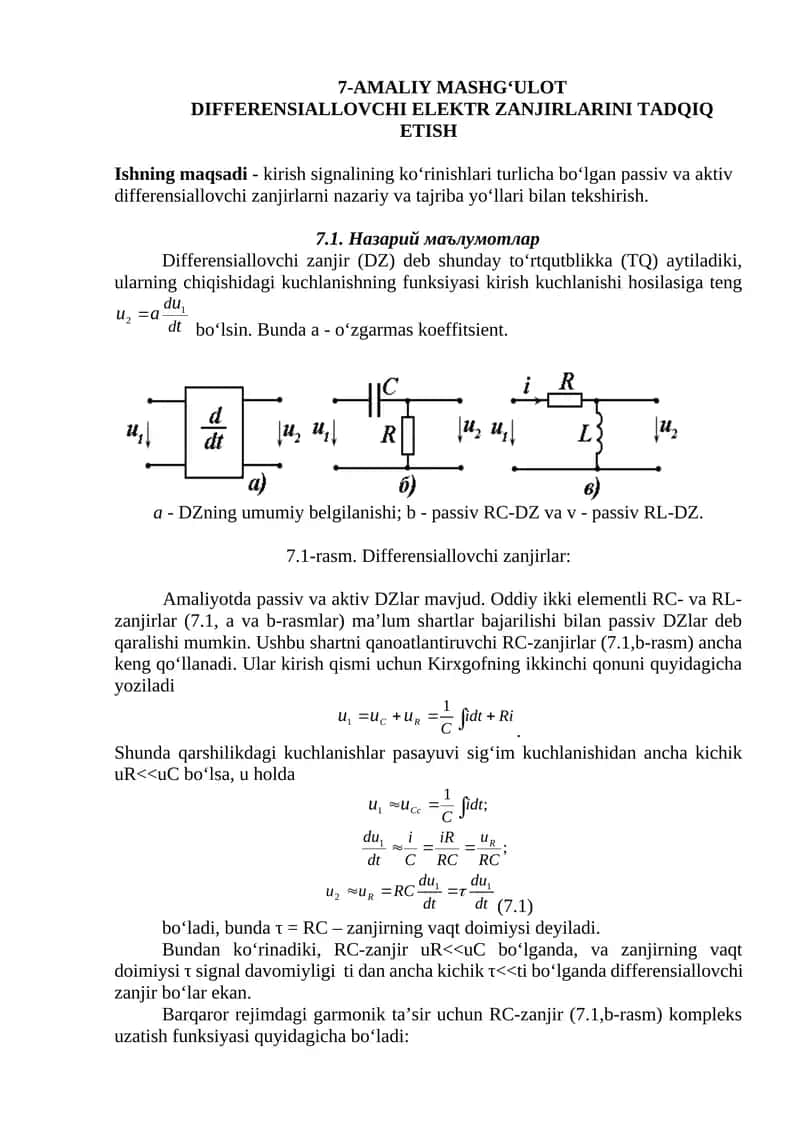 DIFFERENSIALLOVCHI ELEKTR ZANJIRLARINI TADQIQ ETISH