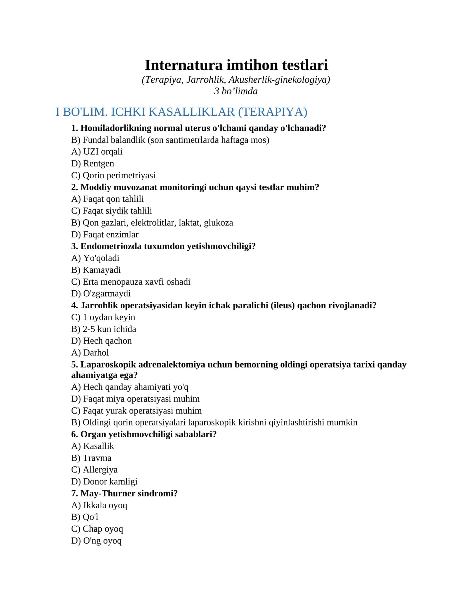 Internatura imtihon testlari