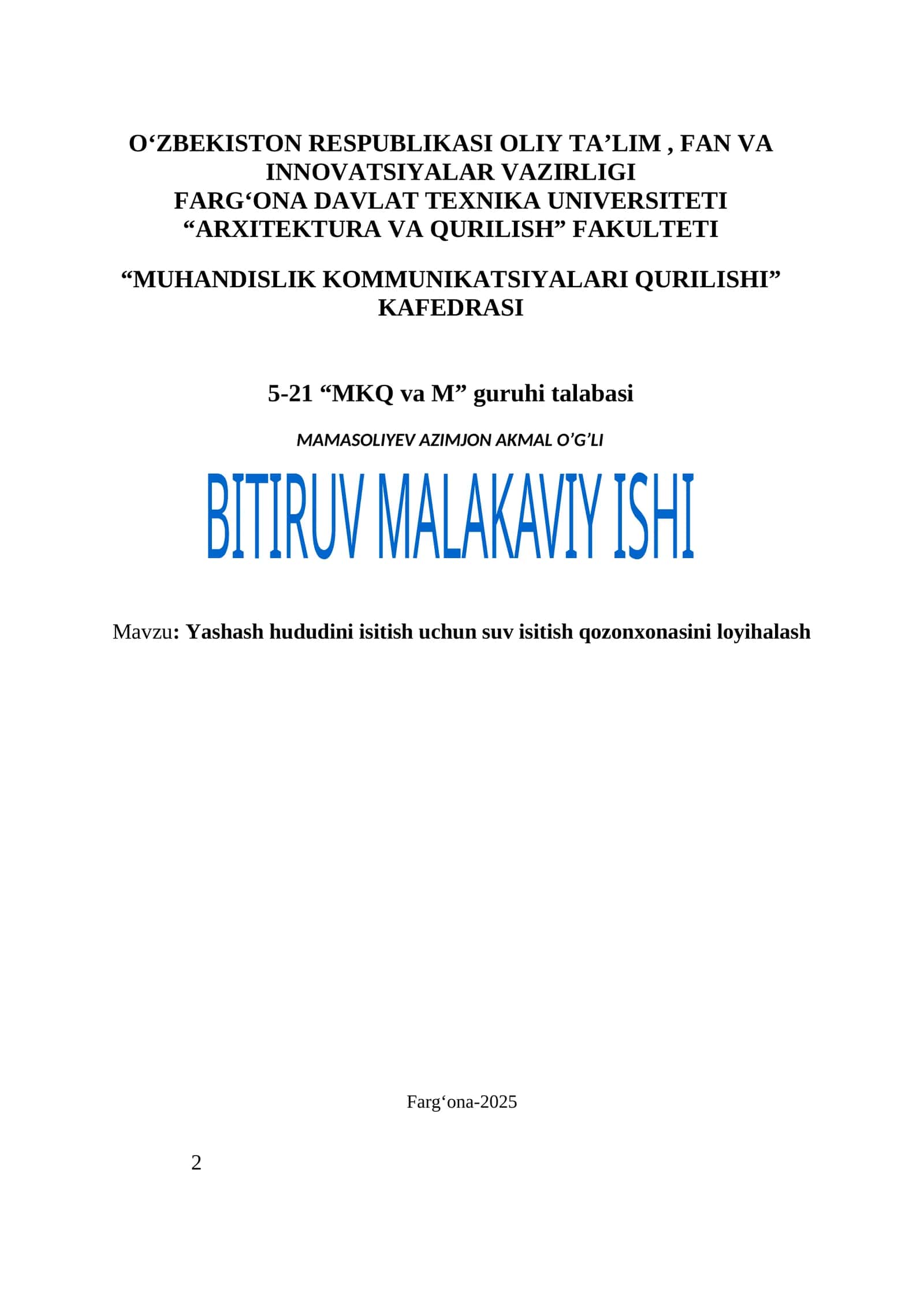 Yashash hududini isitish uchun suv isitish qozonxonasini loyihalash