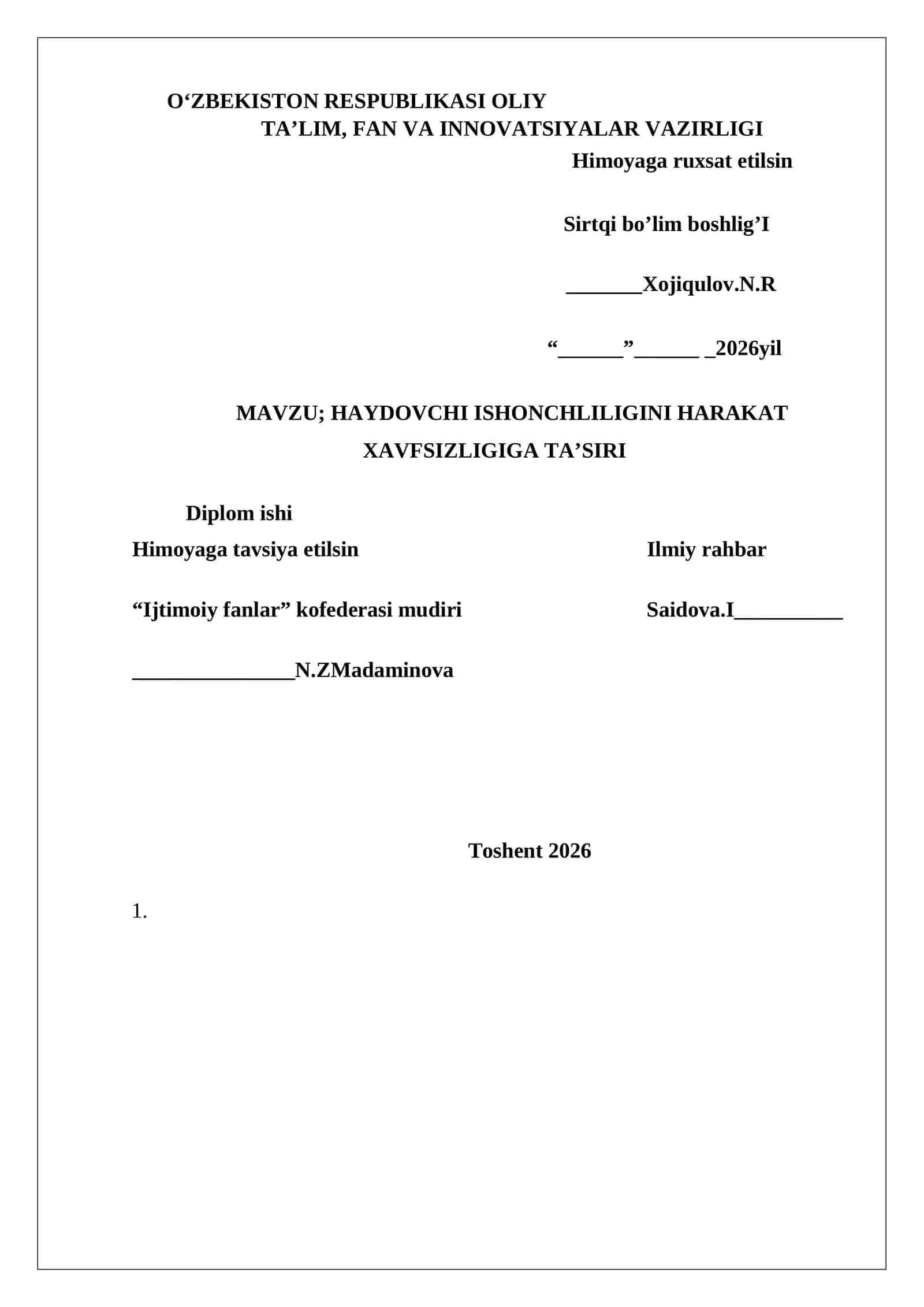 HAYDOVCHI ISHONCHLILIGINI HARAKAT XAVFSIZLIGIGA TA’SIRI