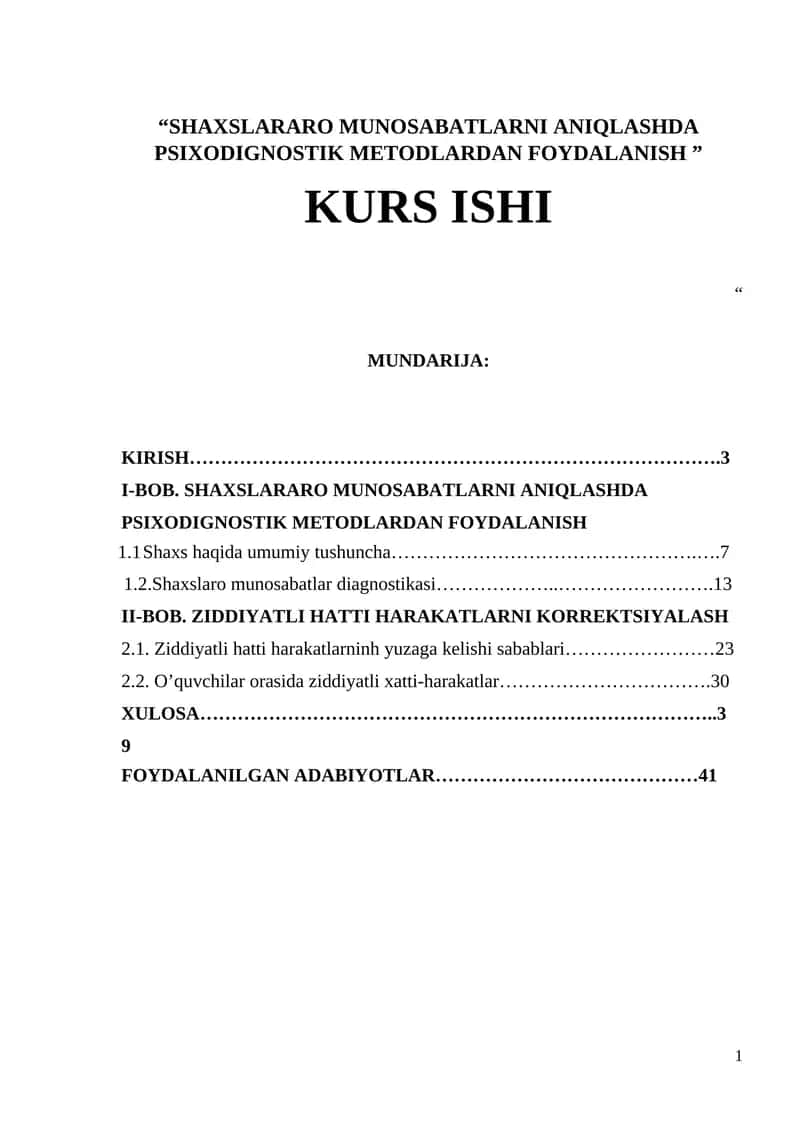 SHAXSLARARO MUNOSABATLARNI ANIQLASHDA PSIXODIGNOSTIK METODLARDAN FOYDALANISH