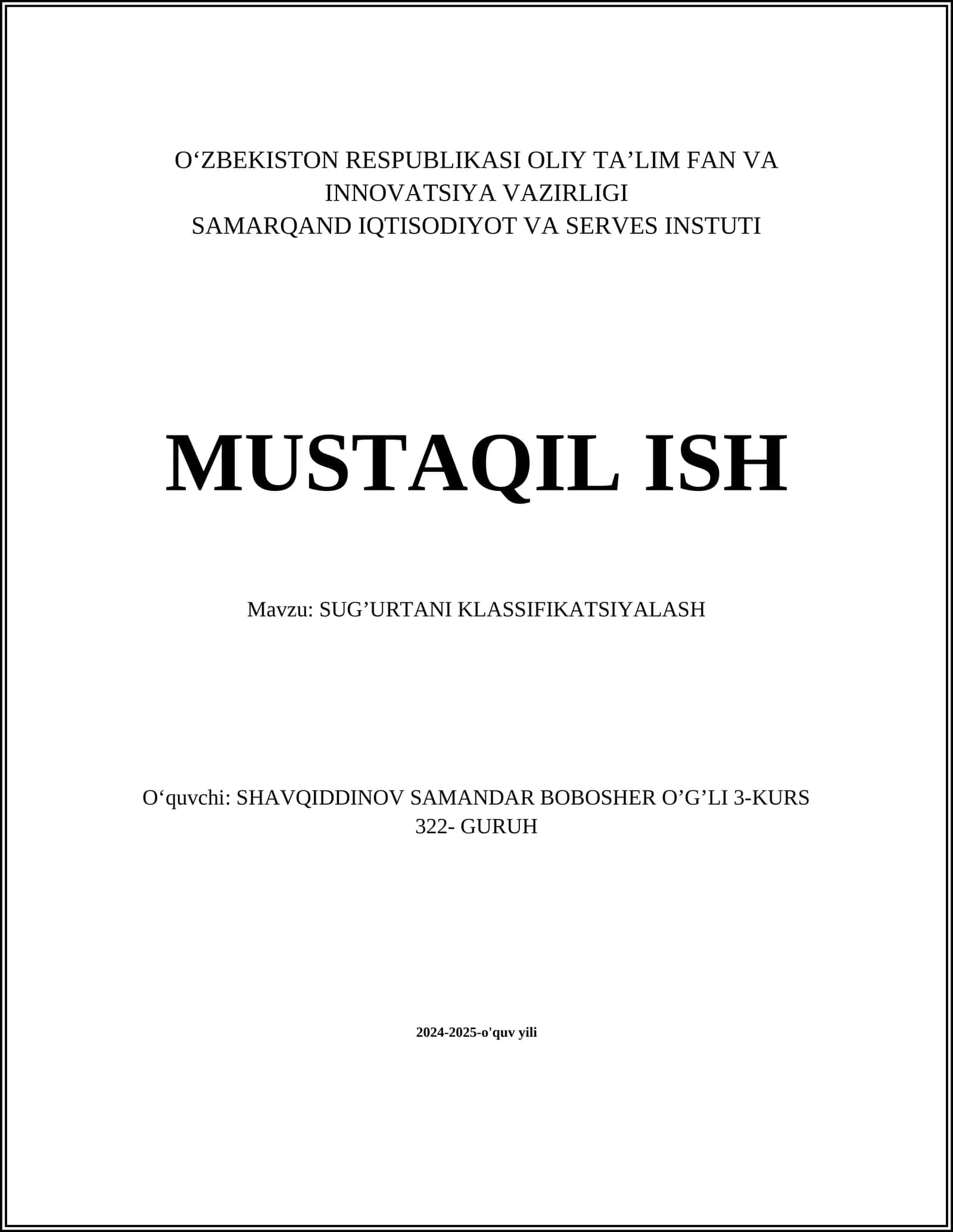 SUG’URTANI KLASSIFIKATSIYALASH