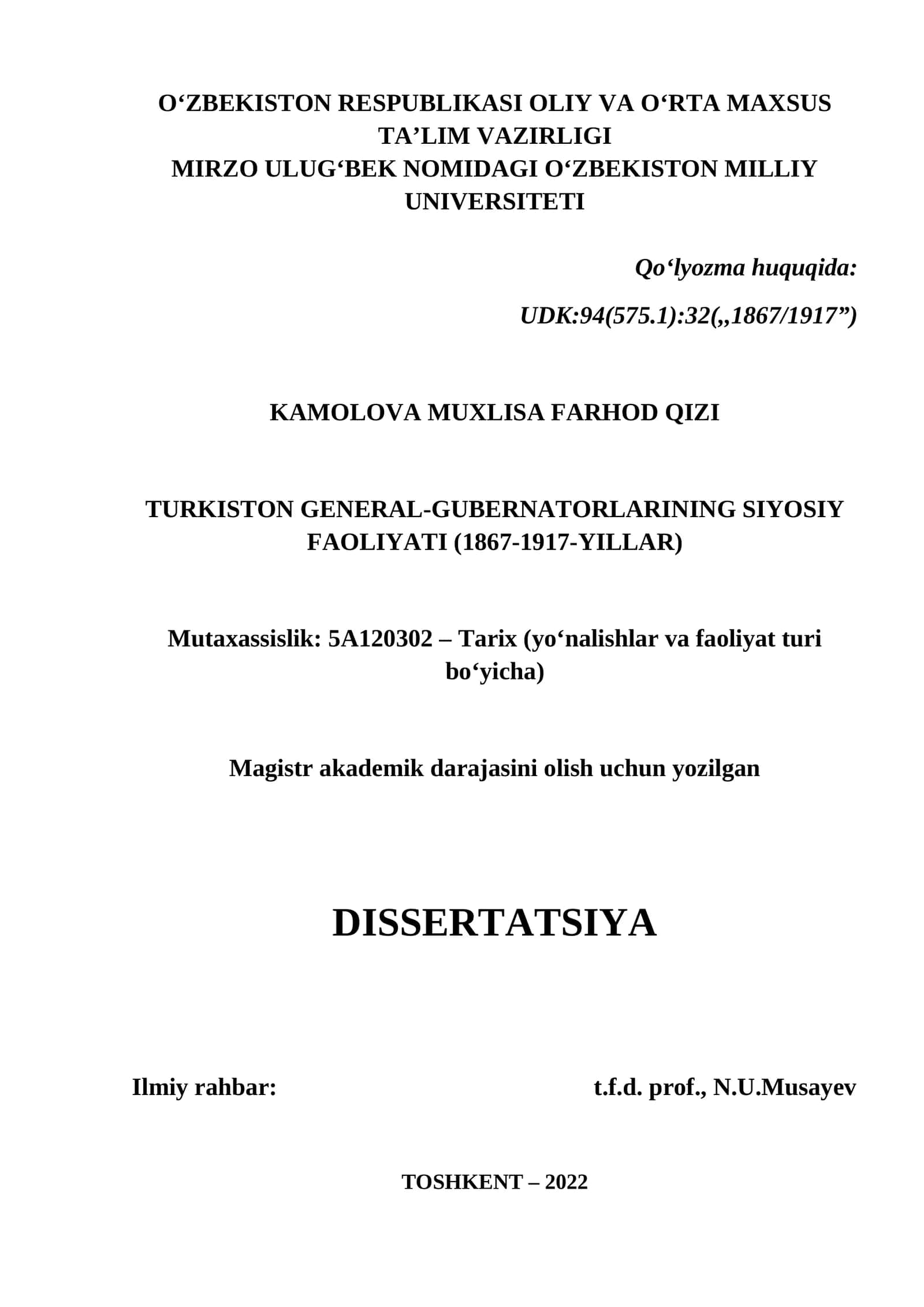 TURKISTON GENERAL-GUBERNATORLARINING SIYOSIY FAOLIYATI (1867-1917-YILLAR)