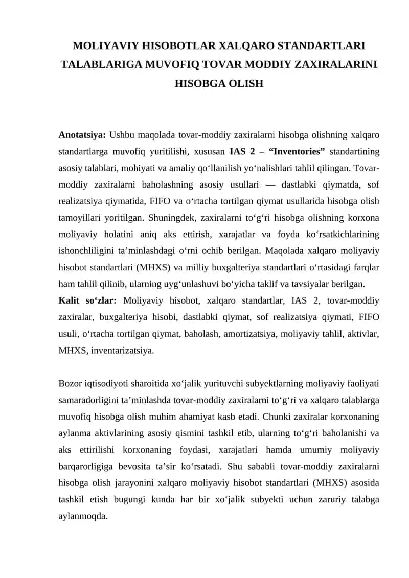 MOLIYAVIY HISOBOTLAR XALQARO STANDARTLARI TALABLARIGA MUVOFIQ TOVAR MODDIY ZAXIRALARINI HISOBGA OLISH