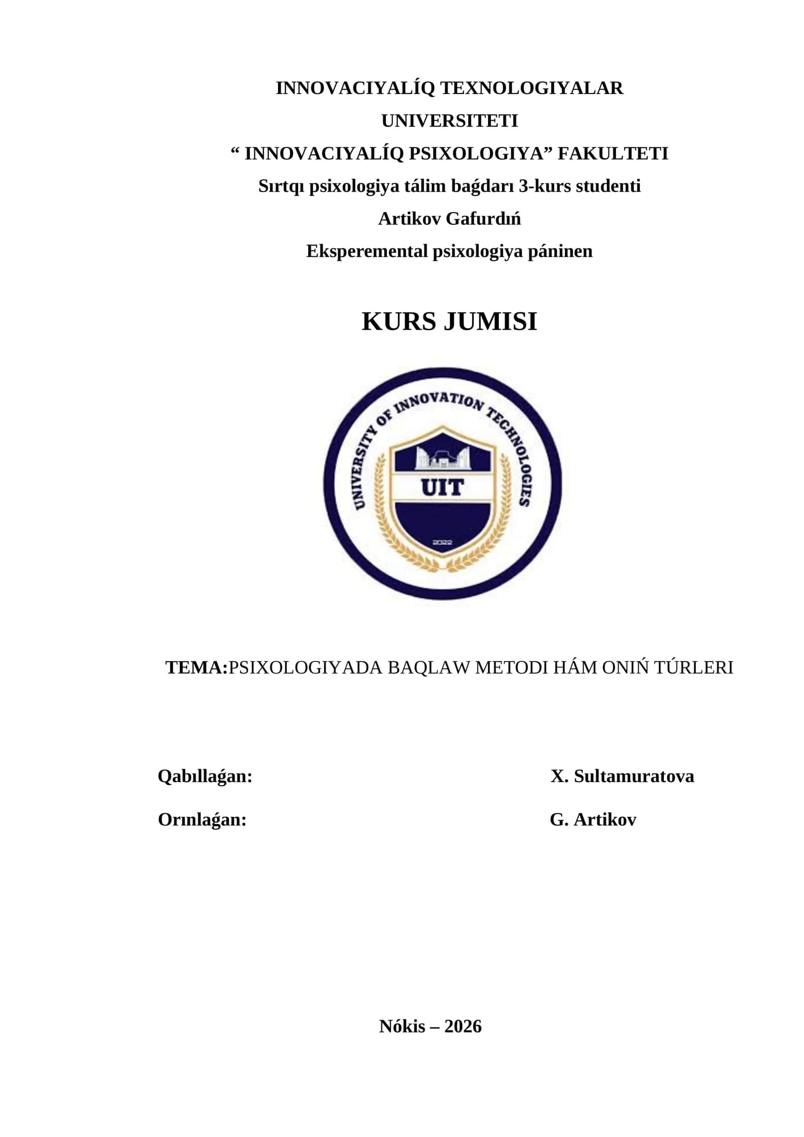 PSIXOLOGIYADA BAQLAW METODI HÁM ONIŃ TÚRLERI