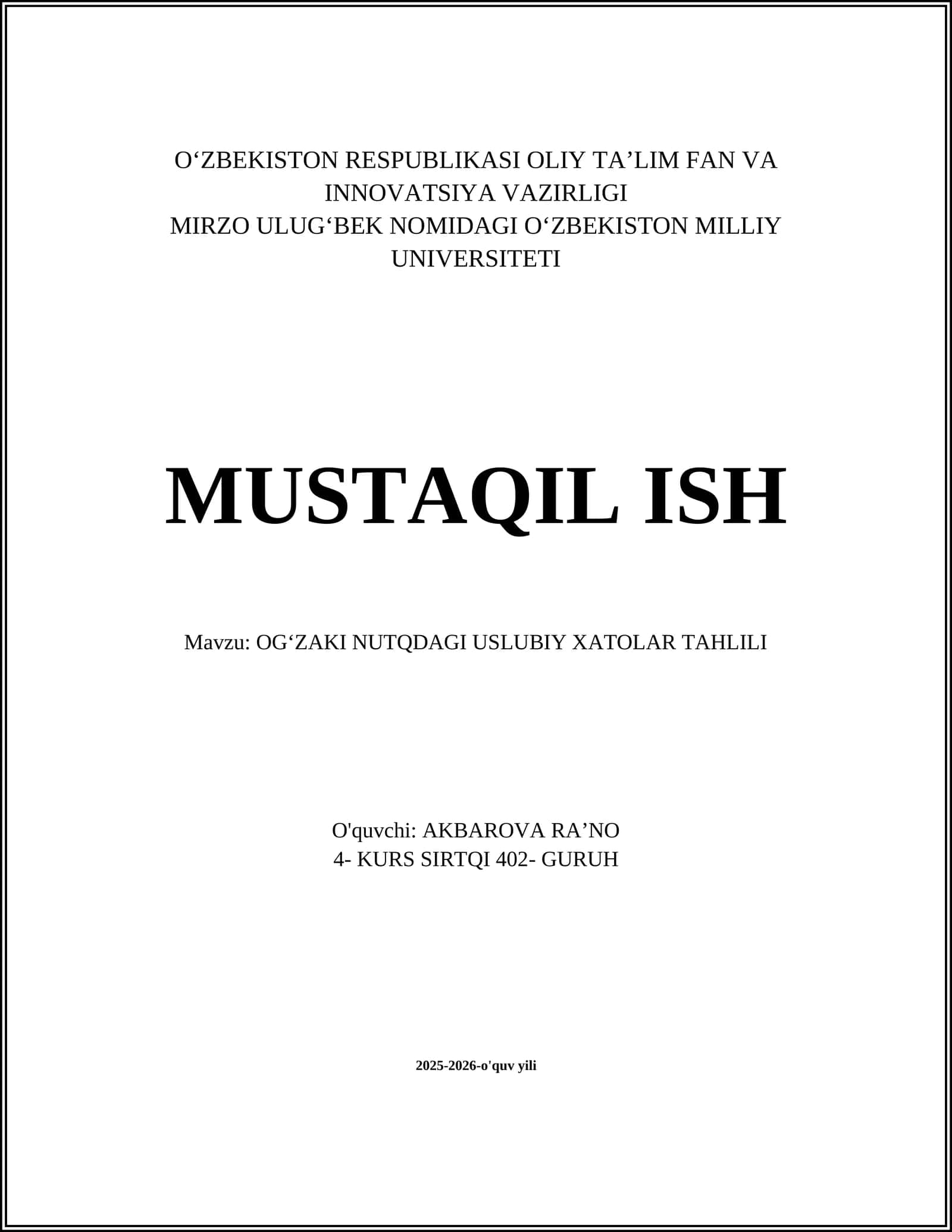 OGʻZAKI NUTQDAGI USLUBIY XATOLAR TAHLILI