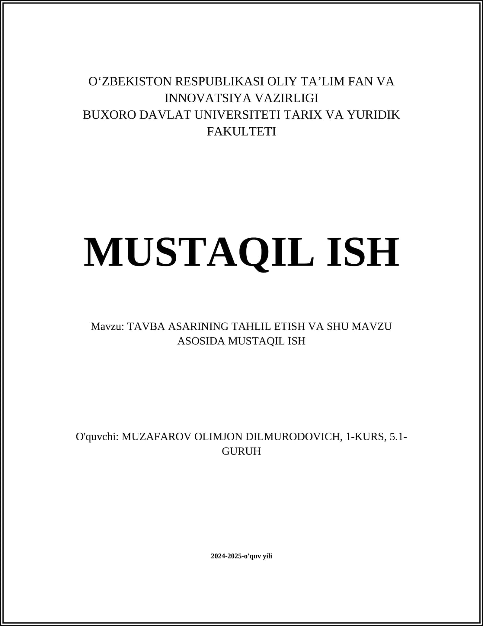 Tavba Asarining Tahlil Etish