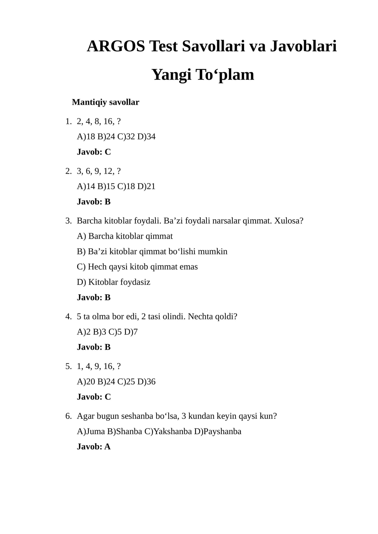 ARGOS Test Savollari va Javoblari Yangi To‘plam