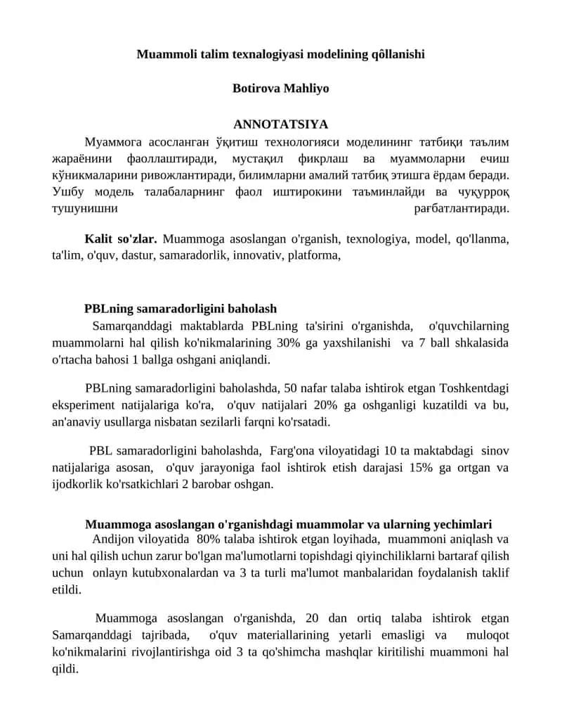 PBLning samaradorligini baholash