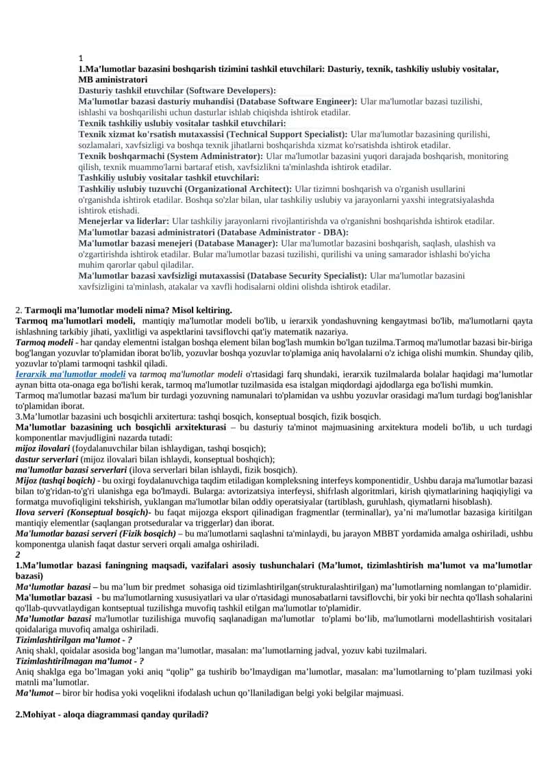 Ma’lumotlar bazasini boshqarish tizimini tashkil etuvchilari