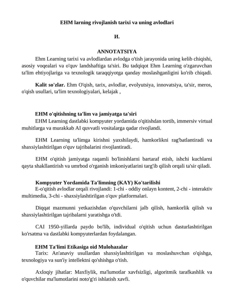 EHM larning rivojlanish tarixi va uning avlodlari