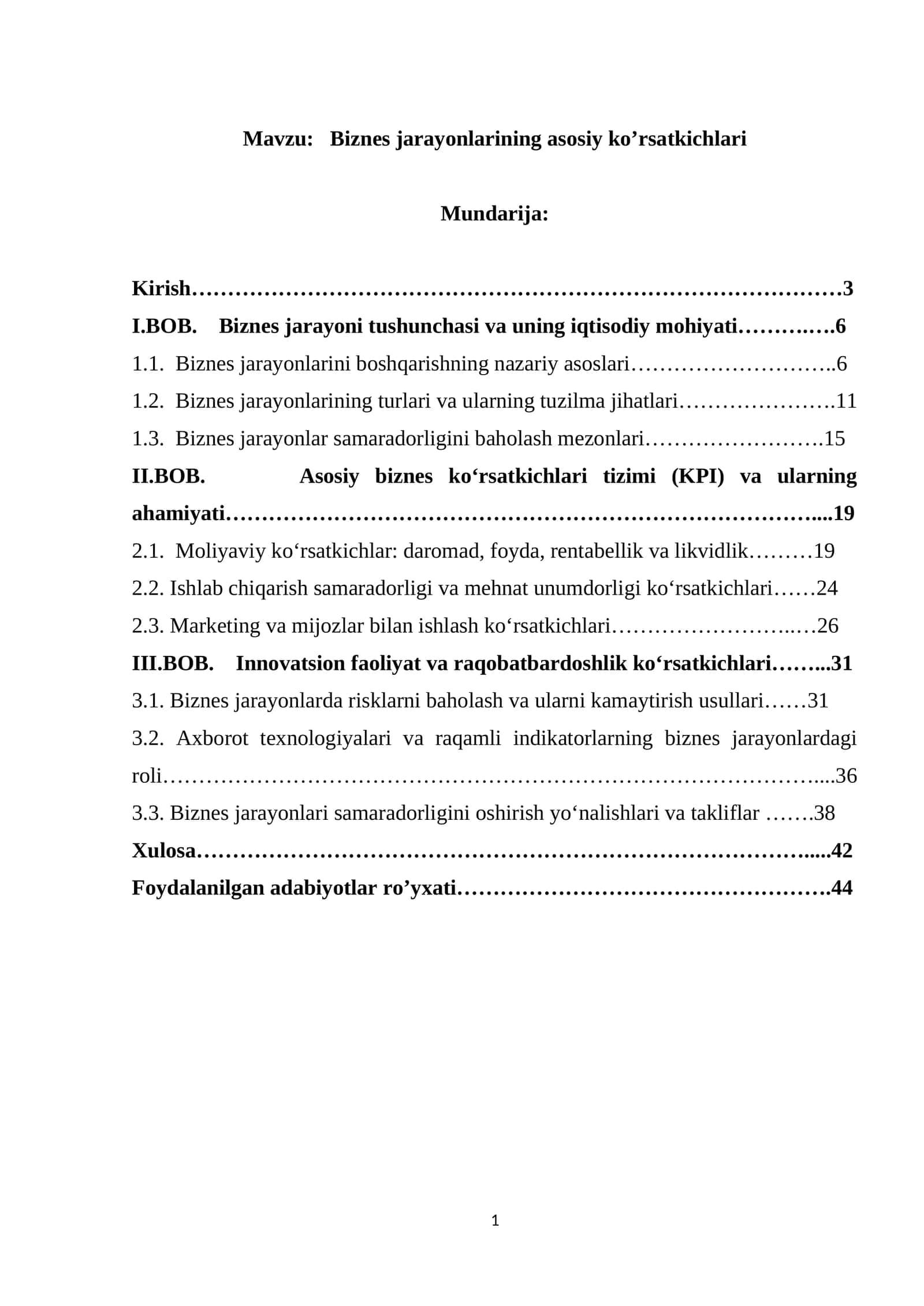 Biznes jarayonlarining asosiy ko’rsatkichlari