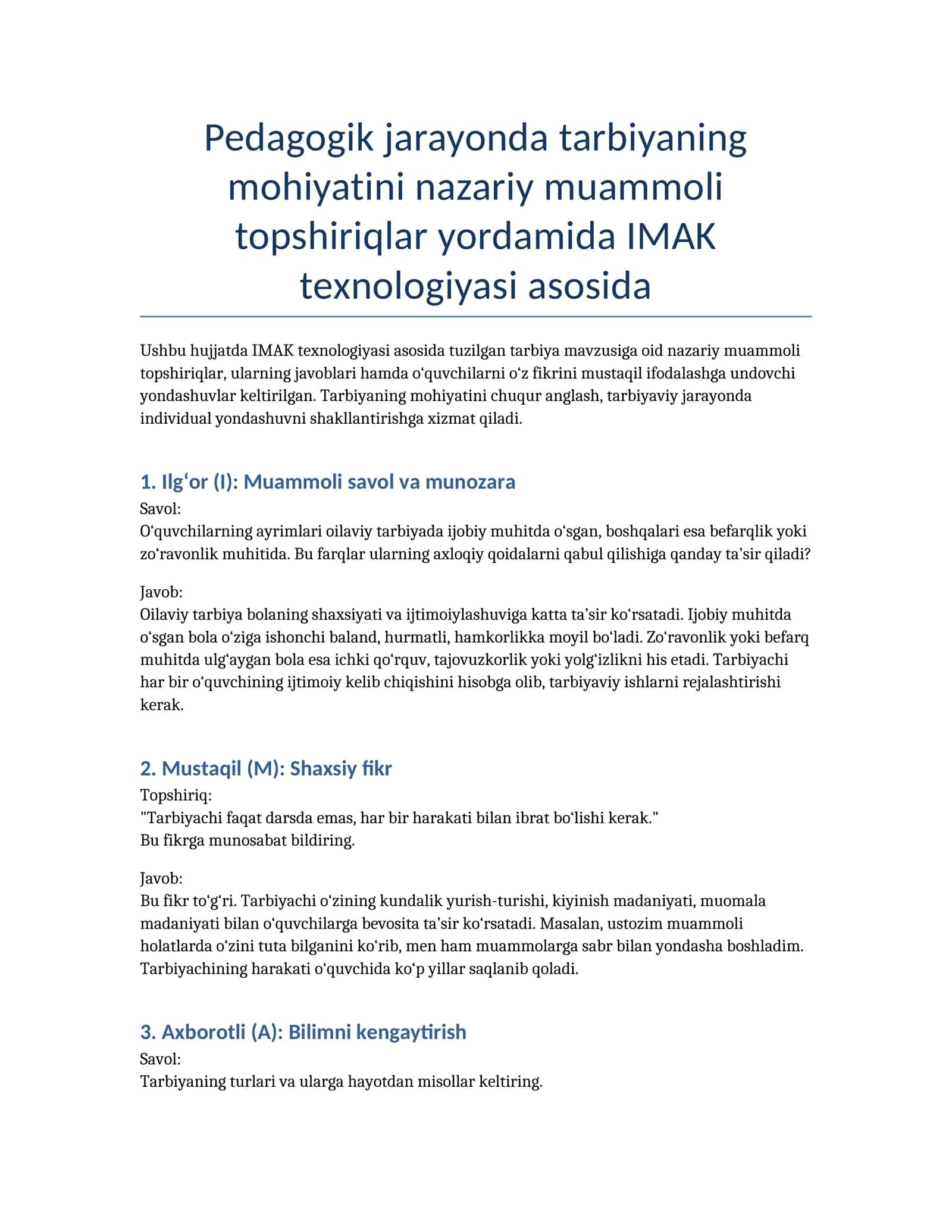 Pedagogik jarayonda tarbiyaning mohiyatini nazariy muammoli topshiriqlar yordamida IMAK texnologiyasi asosida