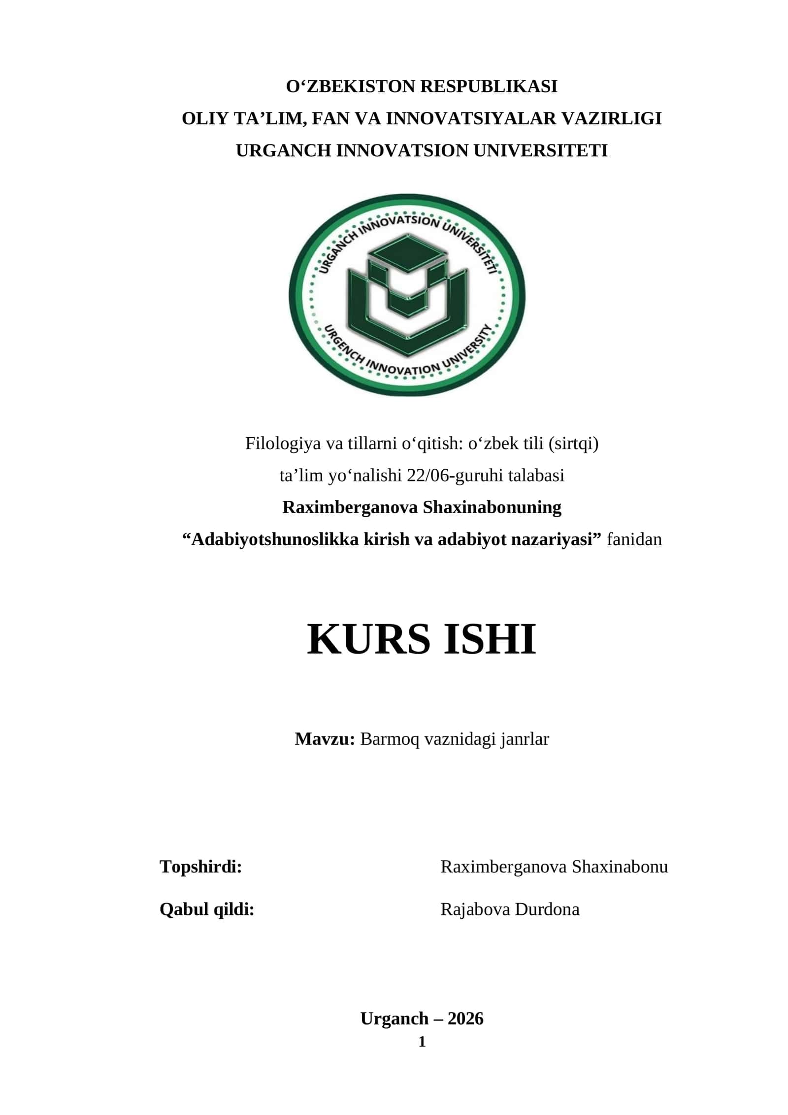 Adabiyotshunoslikka kirish va adabiyot nazariyasi