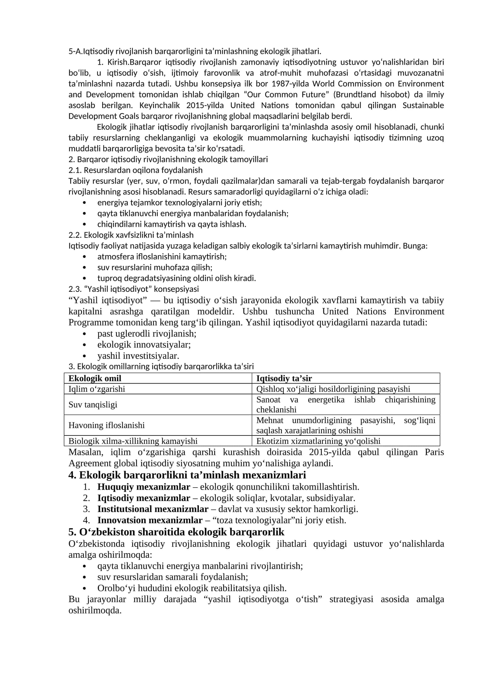 Barqaror iqtisodiy rivojlanishning ekologik tamoyillari