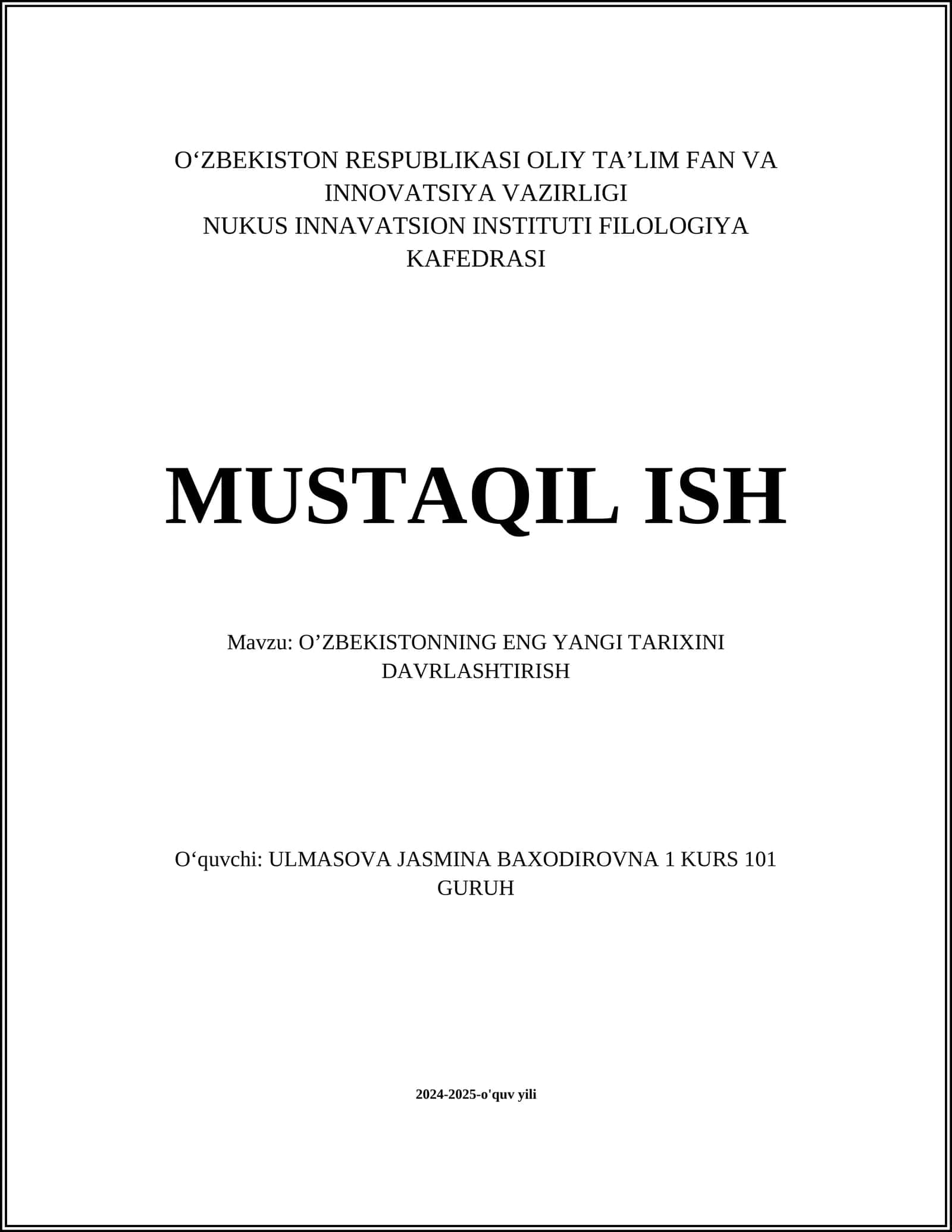 O’ZBEKISTONNING ENG YANGI TARIXINI DAVRLASHTIRISH