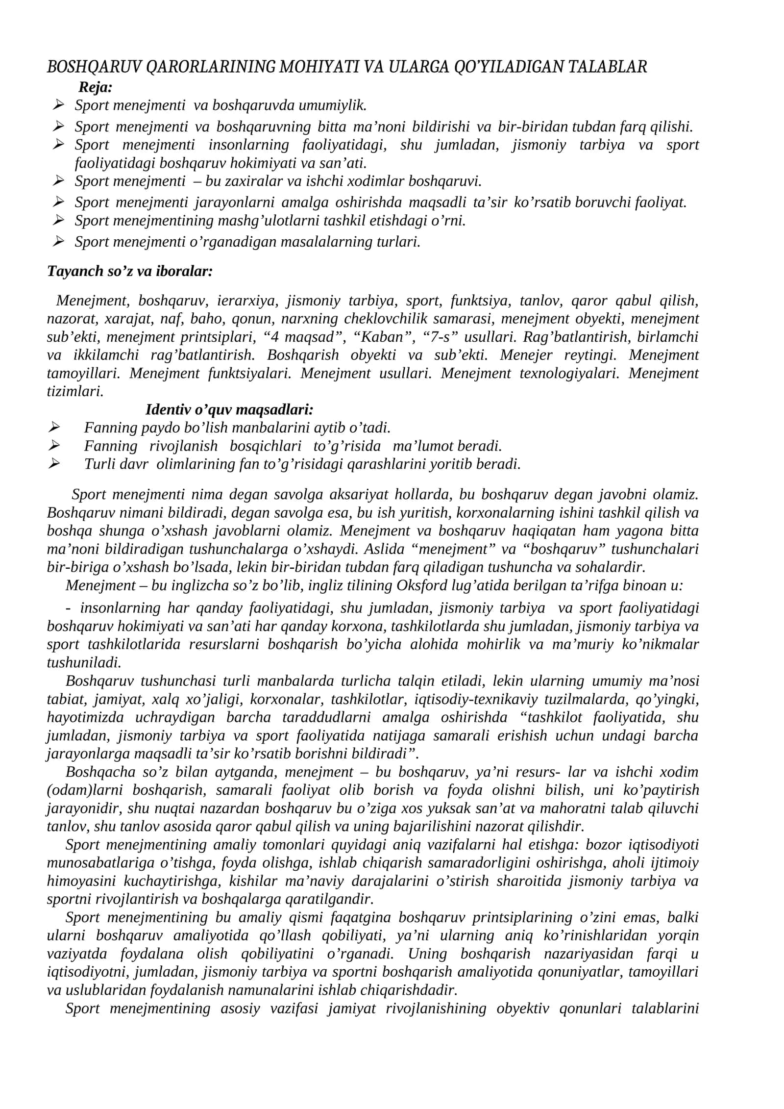 Sport mеnеjmеnti vа boshqаruv