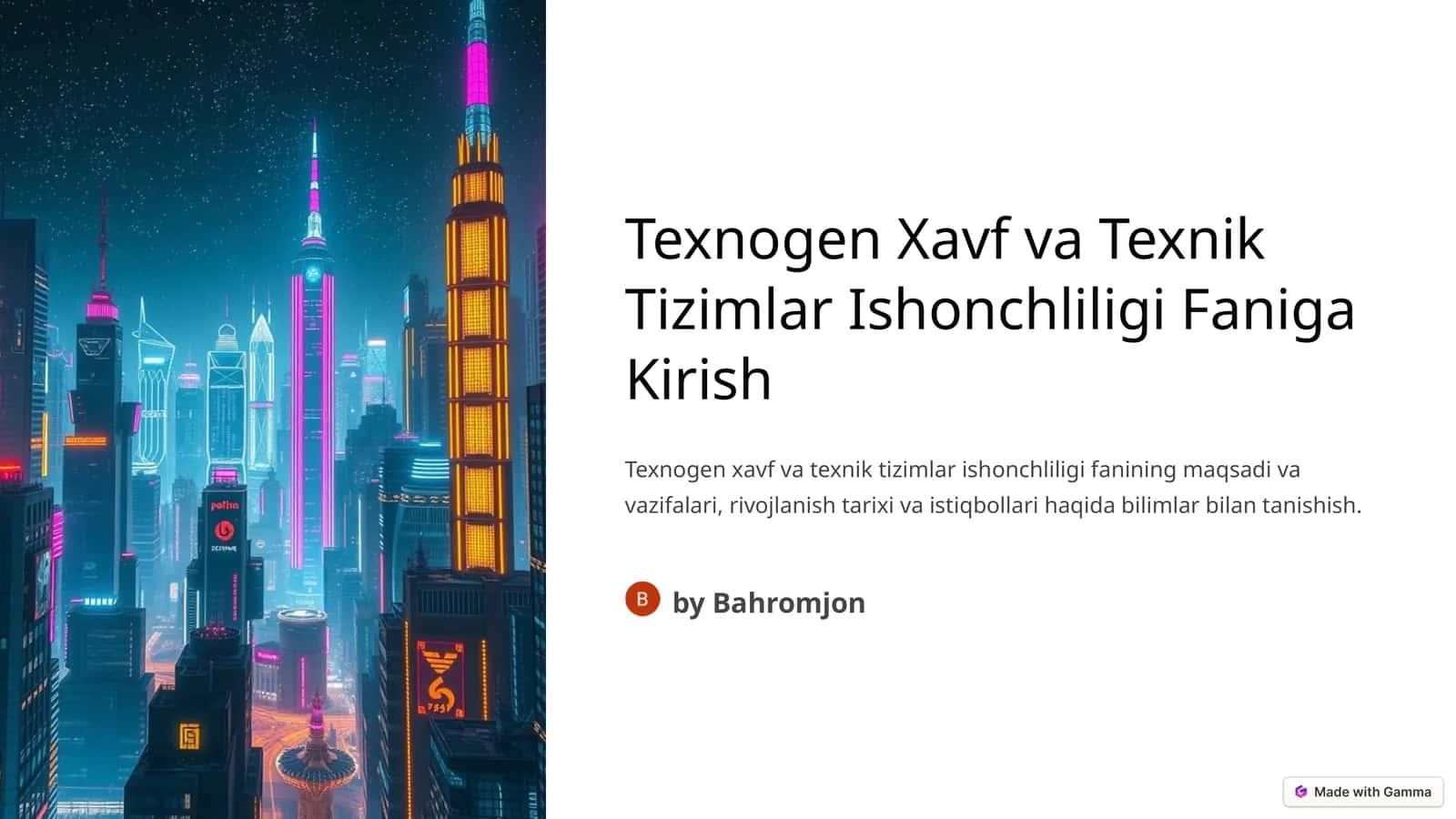 Texnogen Xavf va Texnik Tizimlar Ishonchliligi Faniga Kirish