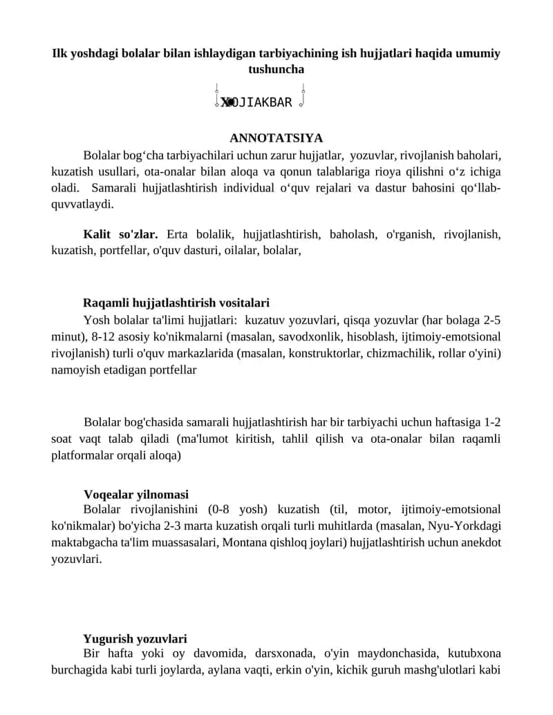 Bolalar tarbiyachilari uchun hujjatlar