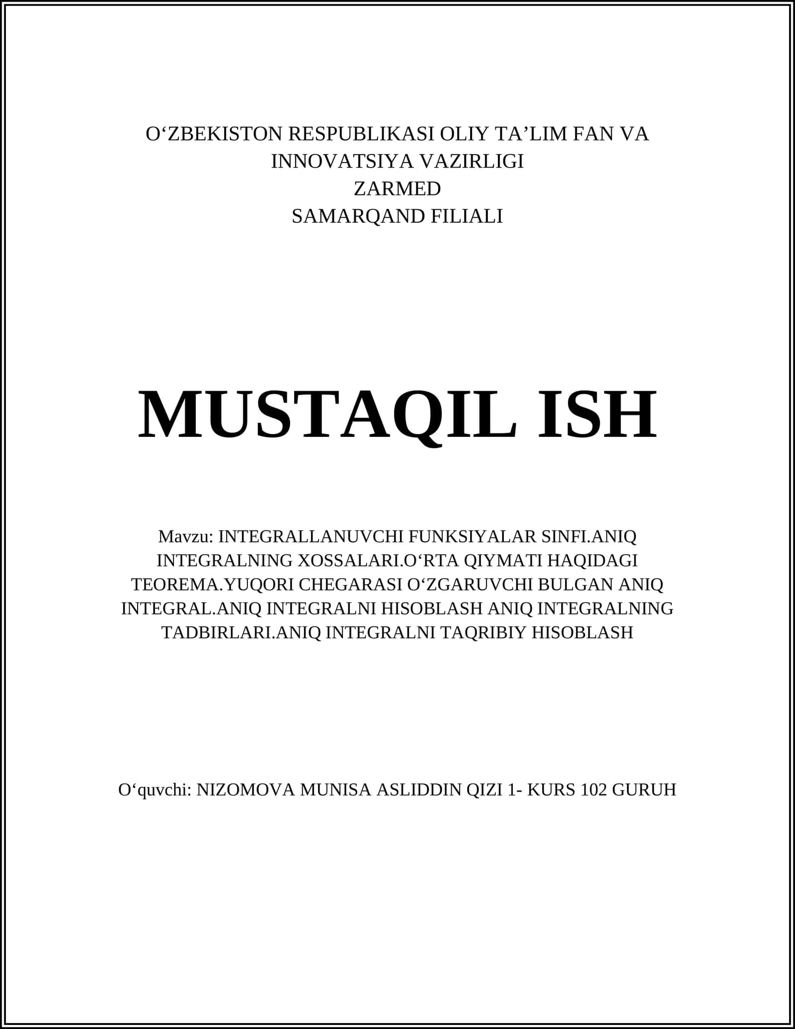 INTEGRALLANUVCHI FUNKSIYALAR SINFI