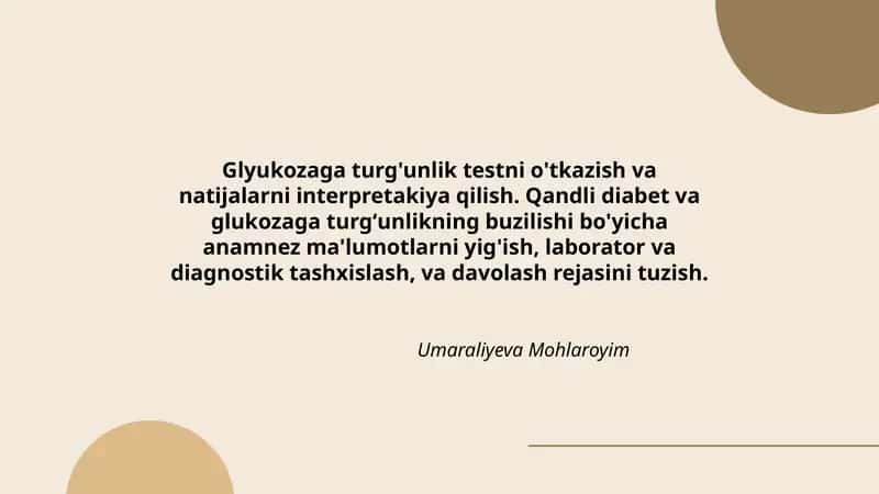 Glyukozaga turg'unlik testni o'tkazish va natijalarni interpretakiya qilish
