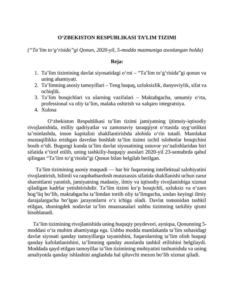 O‘ZBEKISTON RESPUBLIKASI TA’LIM TIZIMI