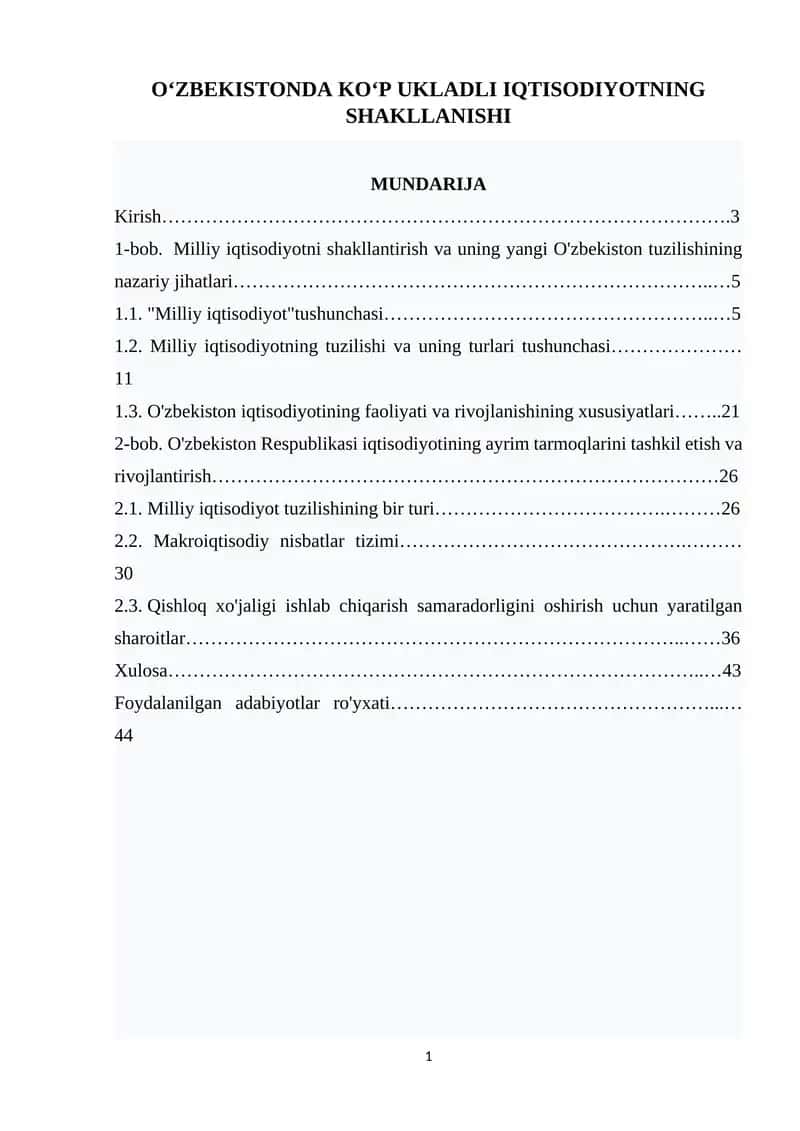 O‘ZBEKISTONDA KO‘P UKLADLI IQTISODIYOTNING SHAKLLANISHI