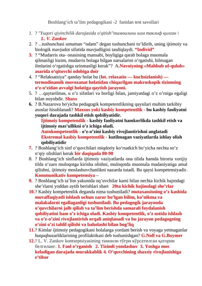 Boshlang‘ich ta’lim pedagogikasi -2 fanidan test savollari