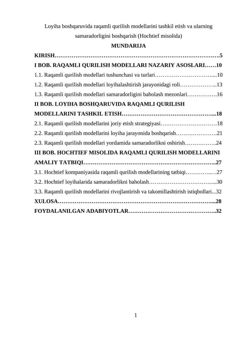 Raqamli qurilish modellarini tashkil etish va ularning samaradorligini boshqarish (Hochtief misolida)