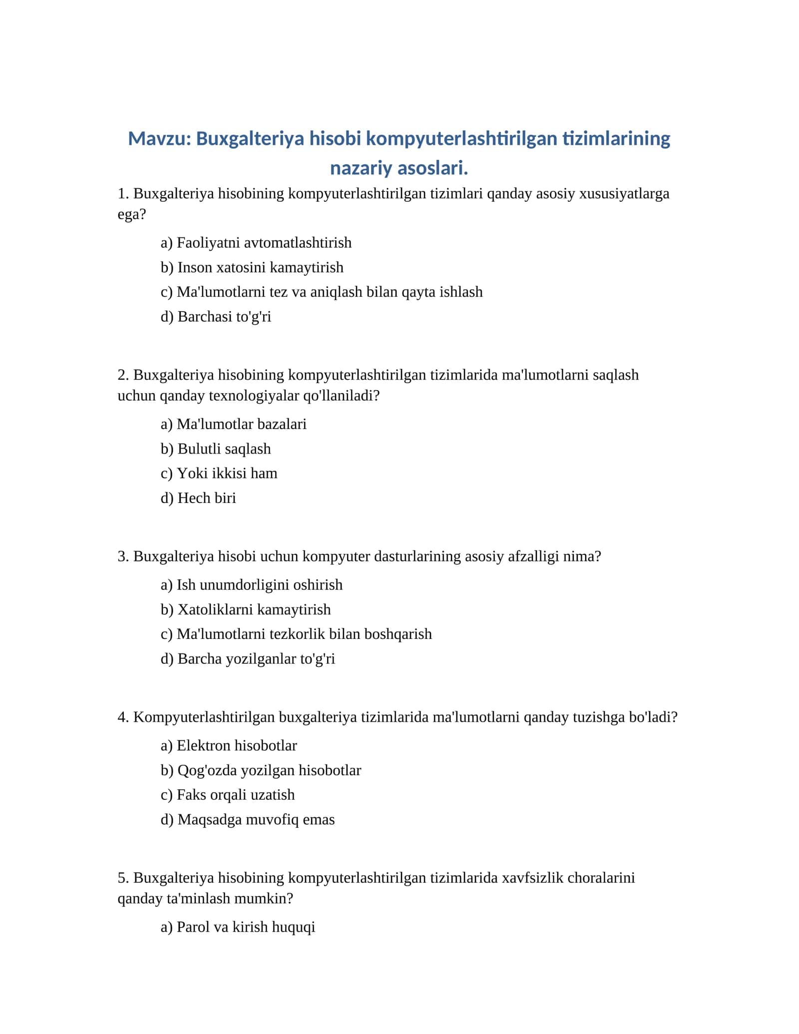 Buxgalteriya hisobi kompyuterlashtirilgan tizimlarining nazariy asoslari