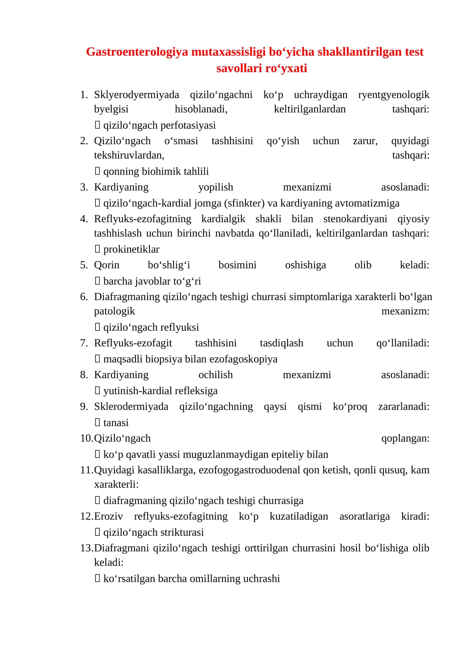 Gastroenterologiya mutaxassisligi boʻyicha shakllantirilgan test savollari roʻyxati