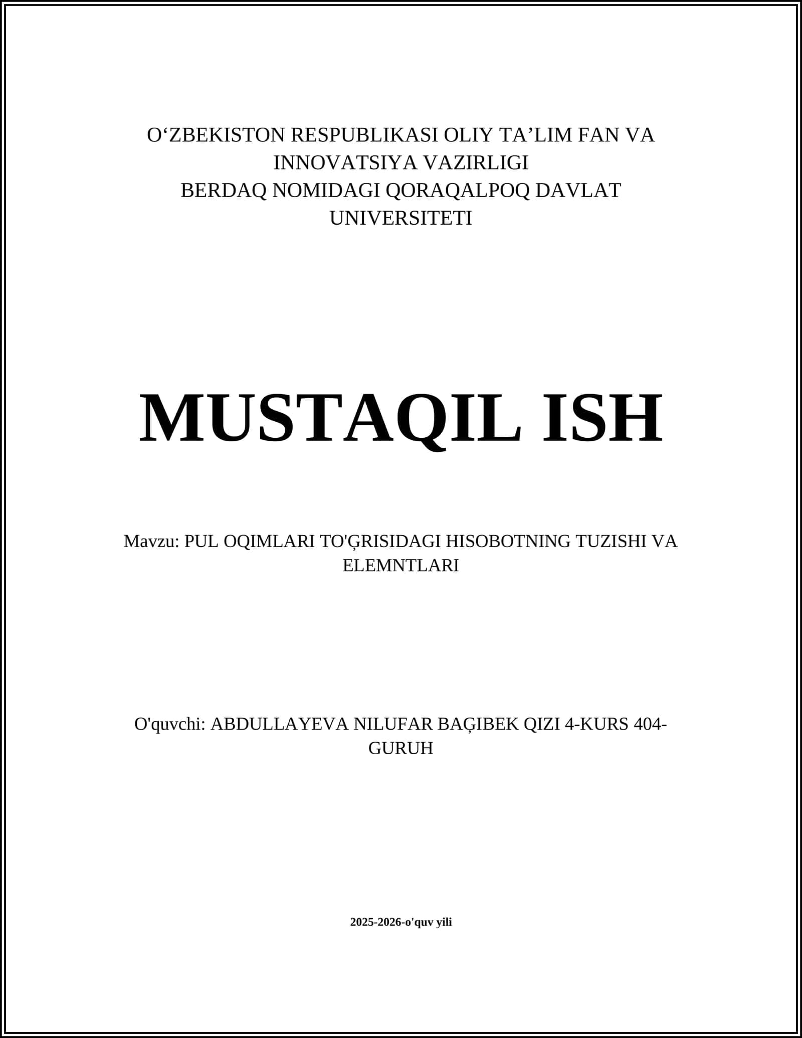 Pul Oqimlari To'g'risidagi Hisobot