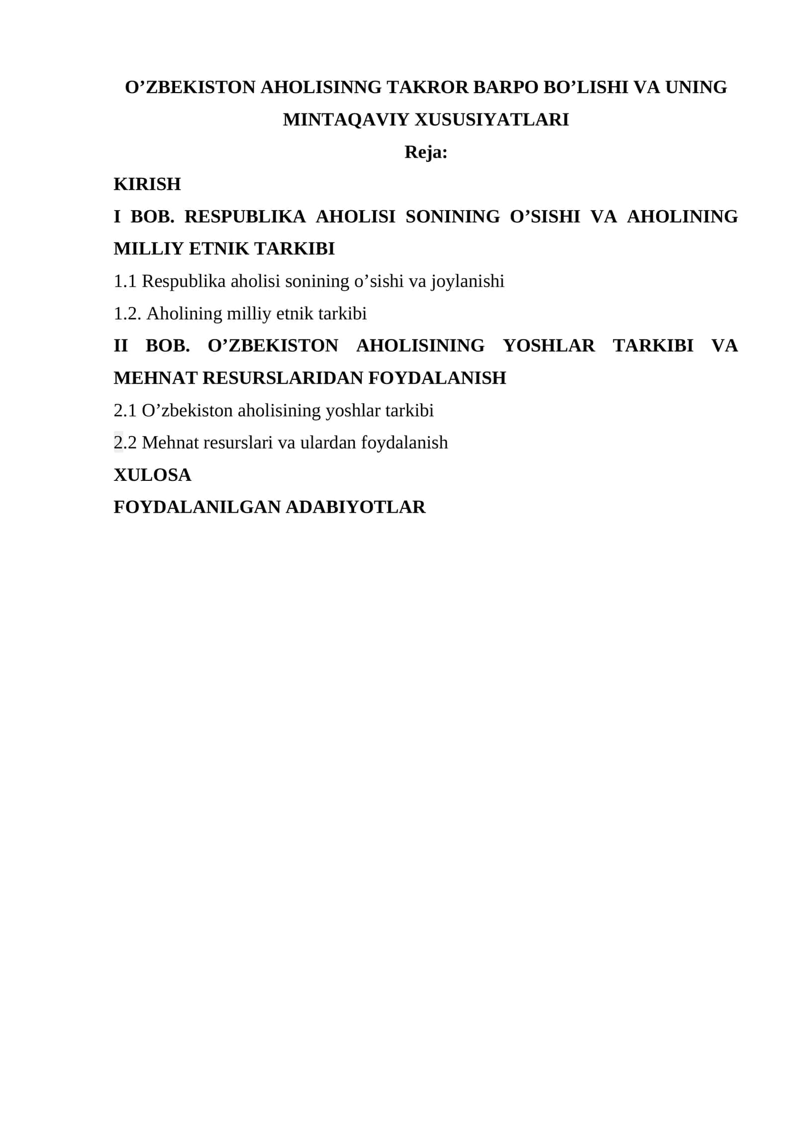 O’ZBEKISTON AHOLISINNG TAKROR BARPO BO’LISHI VA UNING MINTAQAVIY XUSUSIYATLARI