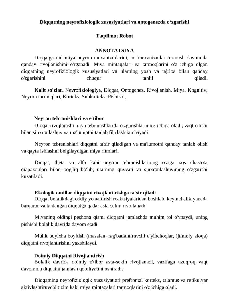 Diqqatning neyrofiziologik xususiyatlari va ontogenezda oʻzgarishi