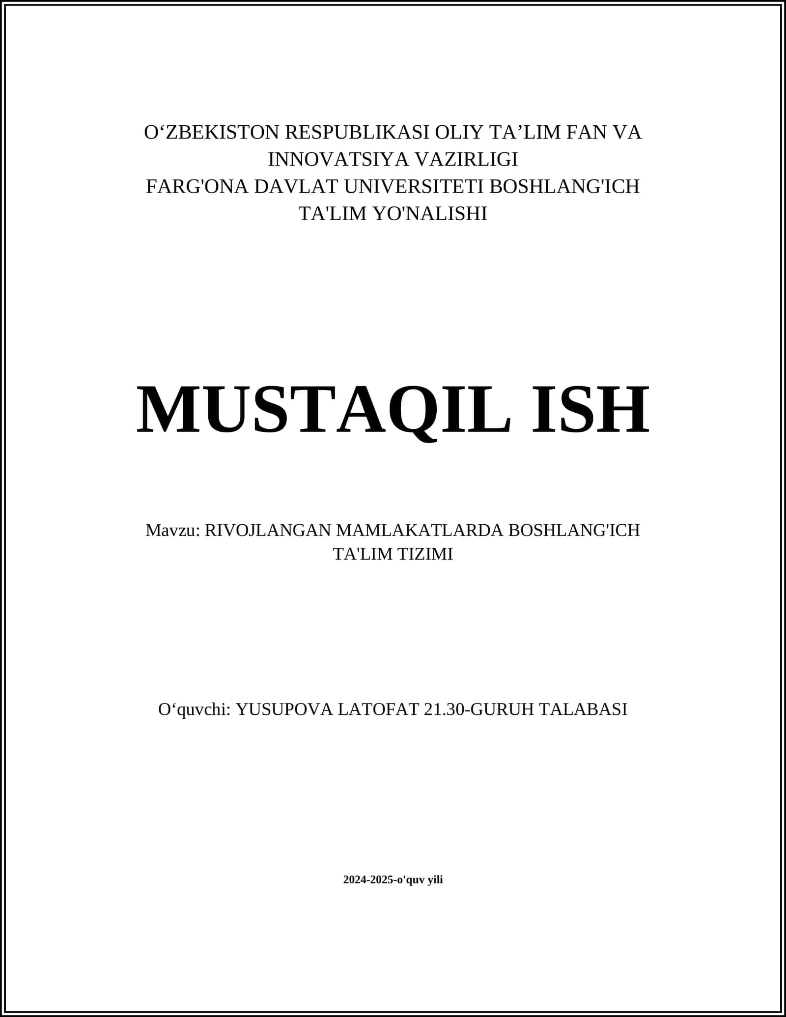 RIVOJLANGAN MAMLAKATLARDA BOSHLANG'ICH TA'LIM TIZIMI