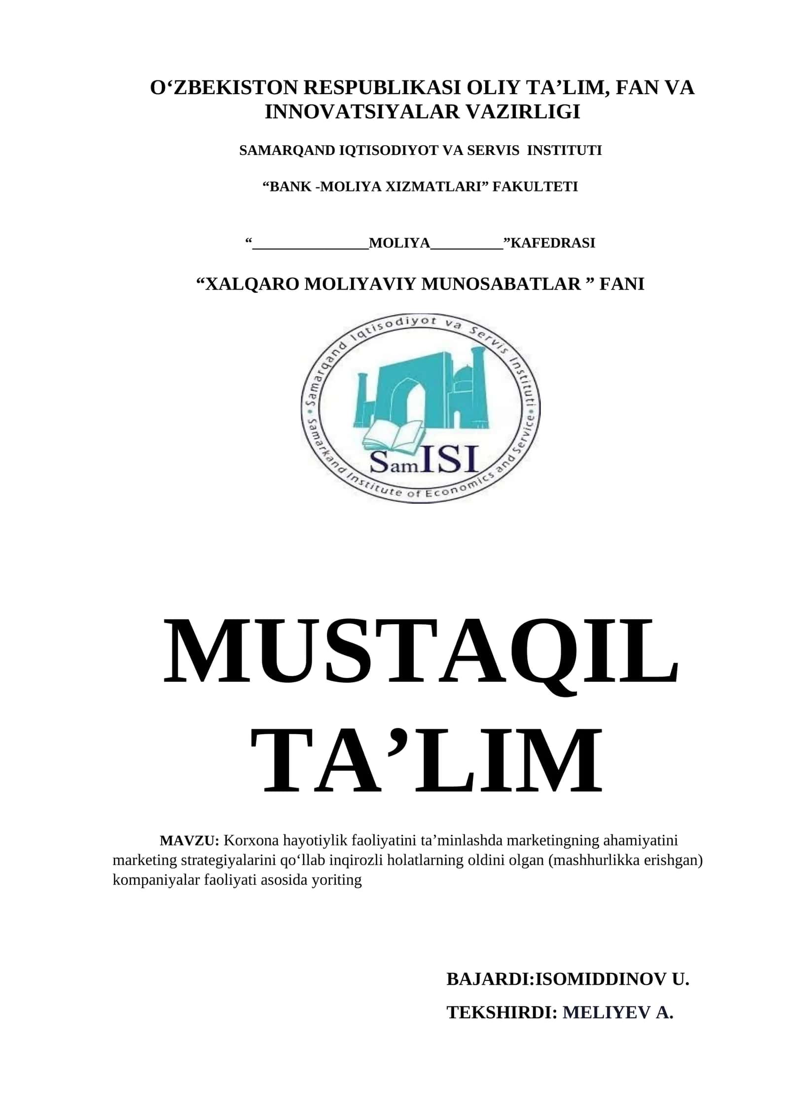 XALQARO MOLIYAVIY MUNOSABATLAR