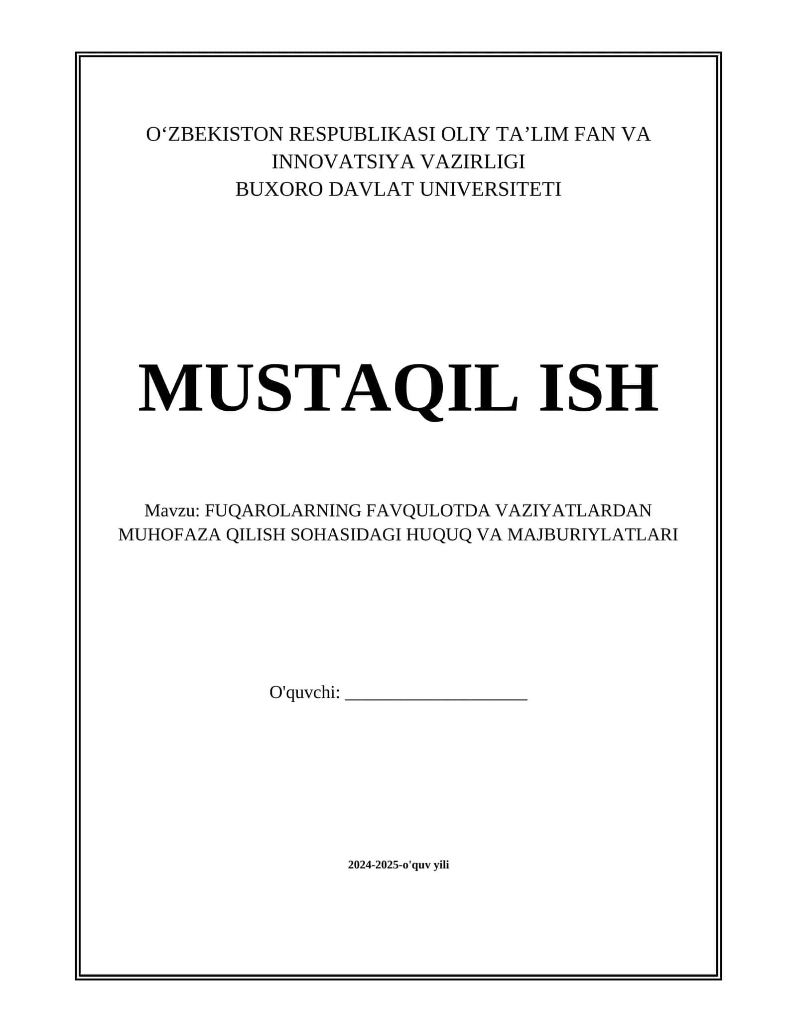 FUQAROLARNING FAVQULOTDA VAZIYATLARDAN MUHOFAZA QILISH SOHASIDAGI HUQUQ VA MAJBURIYLATLARI