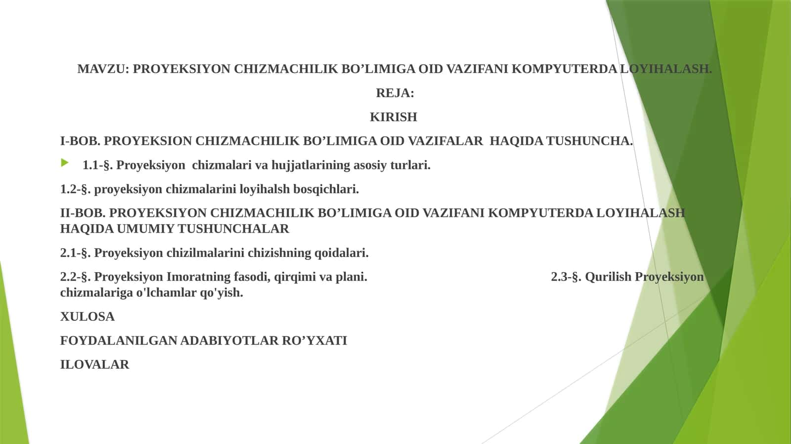 PROYEKSIYON CHIZMACHILIK BO’LIMIGA OID VAZIFANI KOMPYUTERDA LOYIHALASH