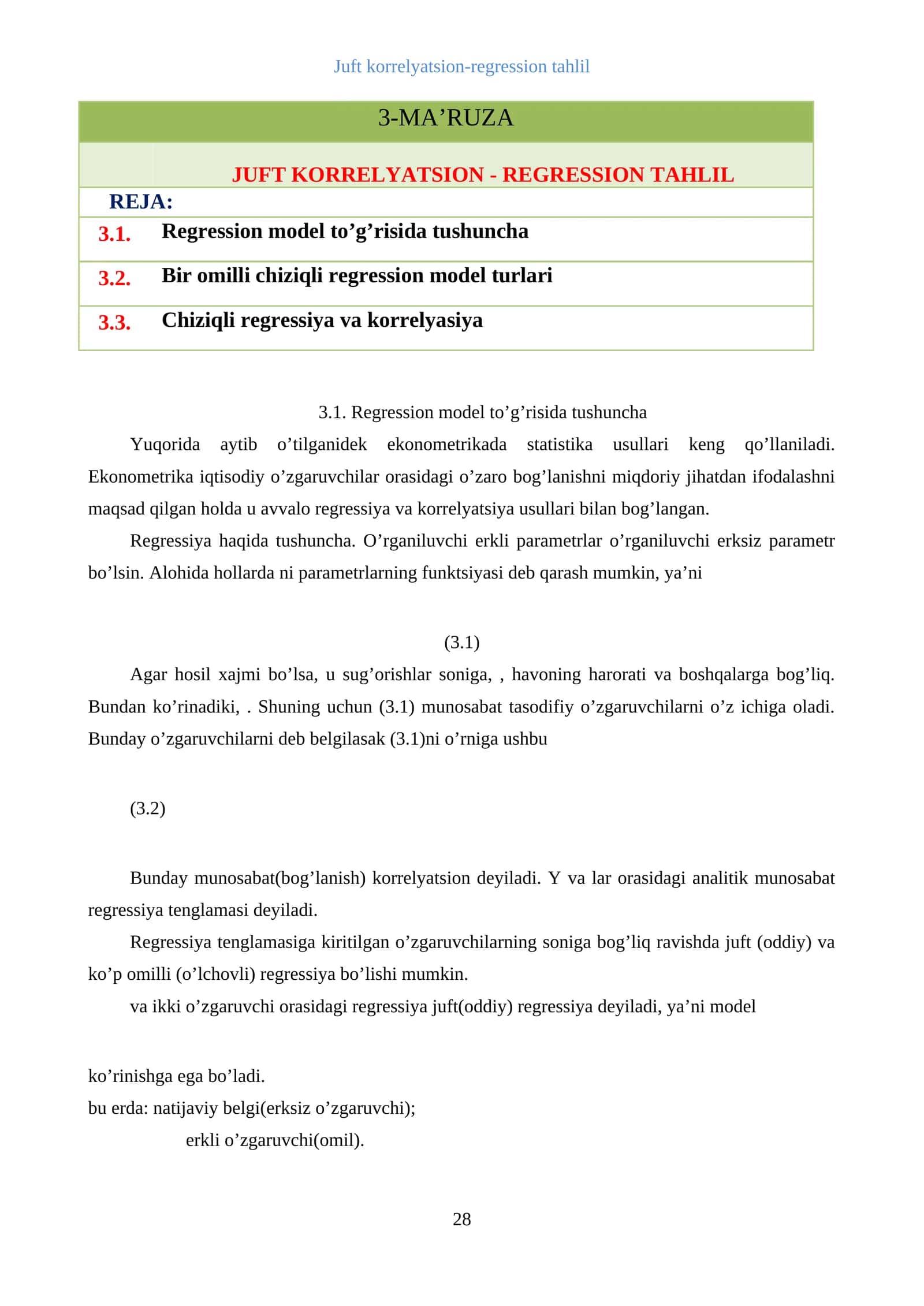 Juft korrelyatsion-regression tahlil