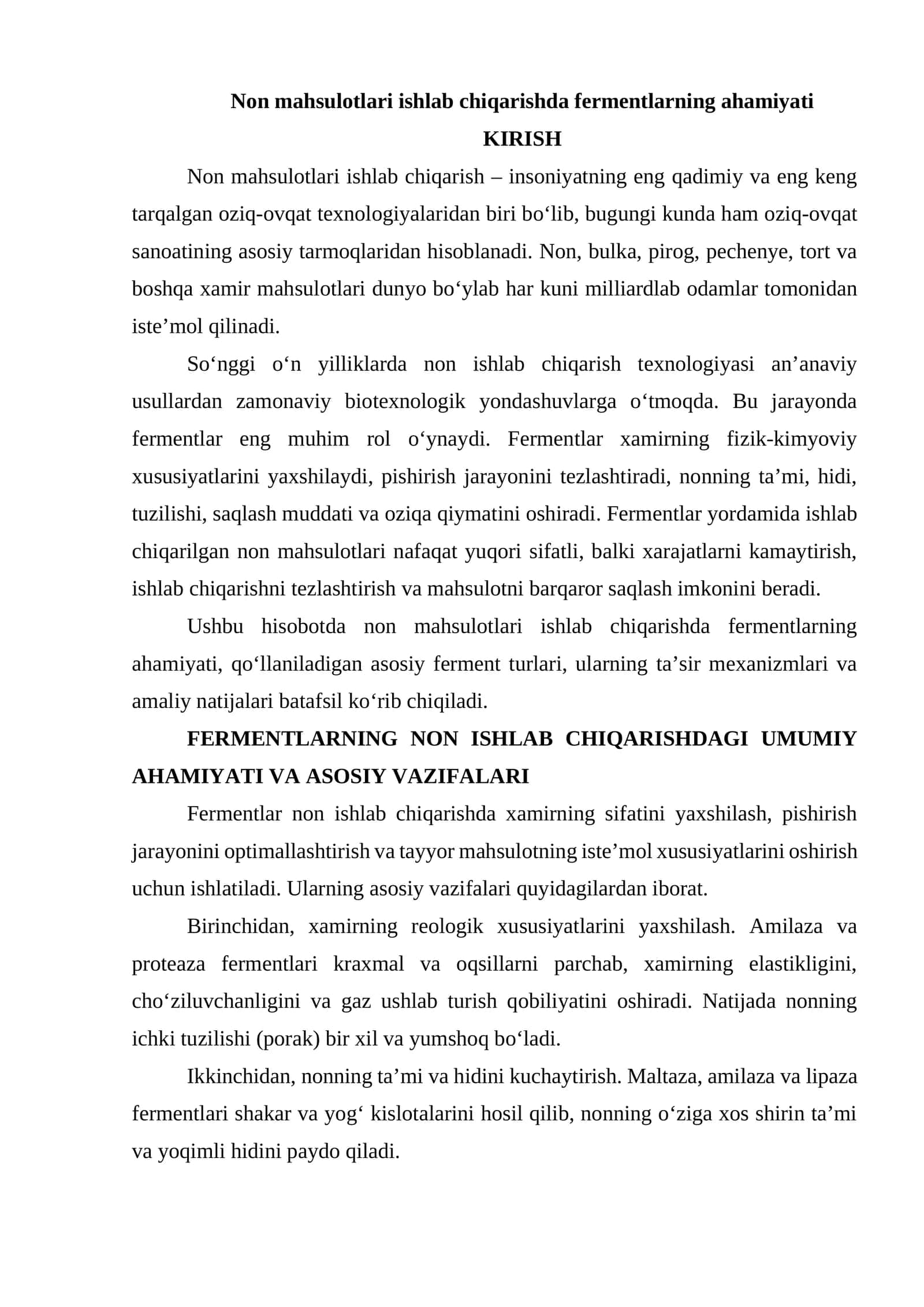 Non mahsulotlari ishlab chiqarishda fermentlarning ahamiyati