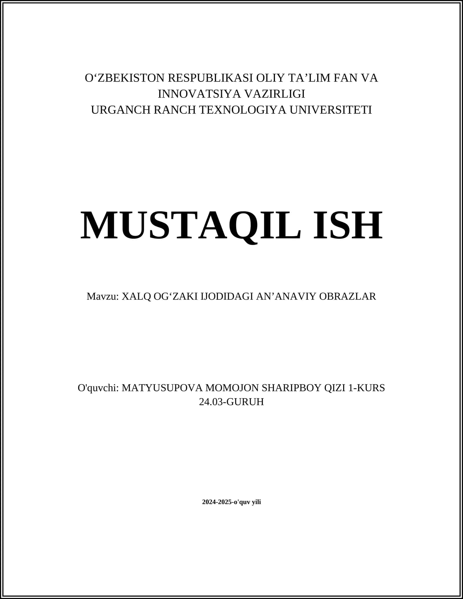 XALQ OGʻZAKI IJODIDAGI ANʼANAVIY OBRAZLAR