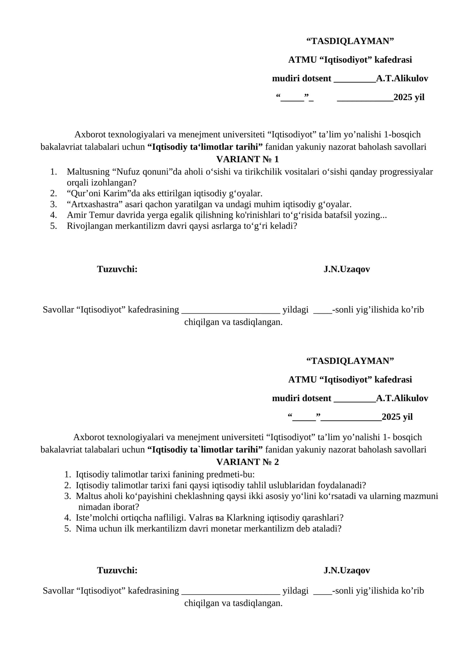 Iqtisodiy ta‘limotlar tarihi fanidan yakuniy nazorat baholash savollari