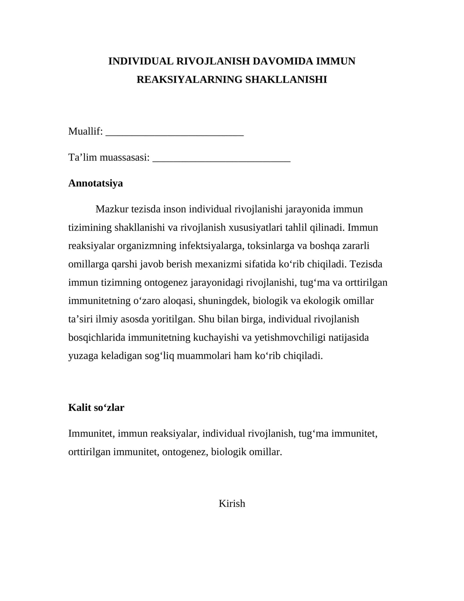 INDIVIDUAL RIVOJLANISH DAVOMIDA IMMUN REAKSIYALARNING SHAKLLANISHI