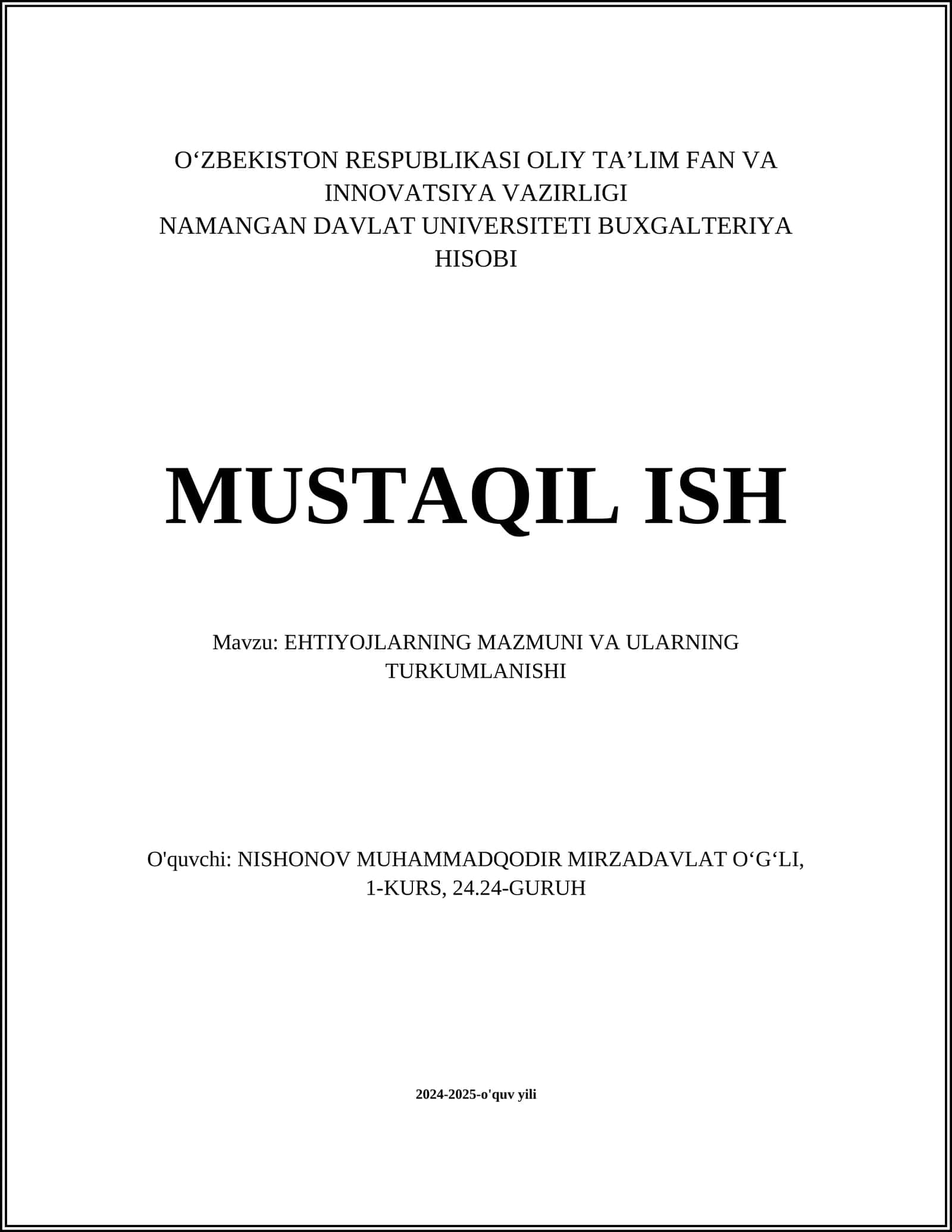 EHTIYOJLARNING MAZMUNI VA ULARNING TURKUMLANISHI