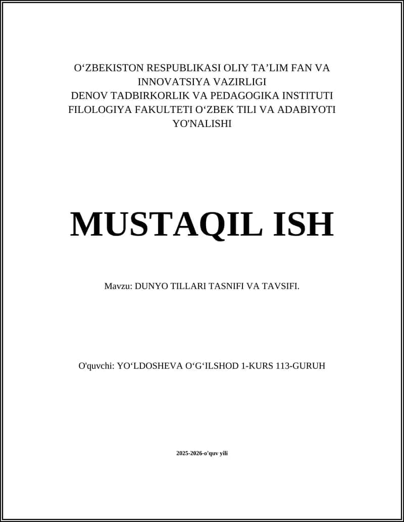 DUNYO TILLARI TASNIFI VA TAVSIFI
