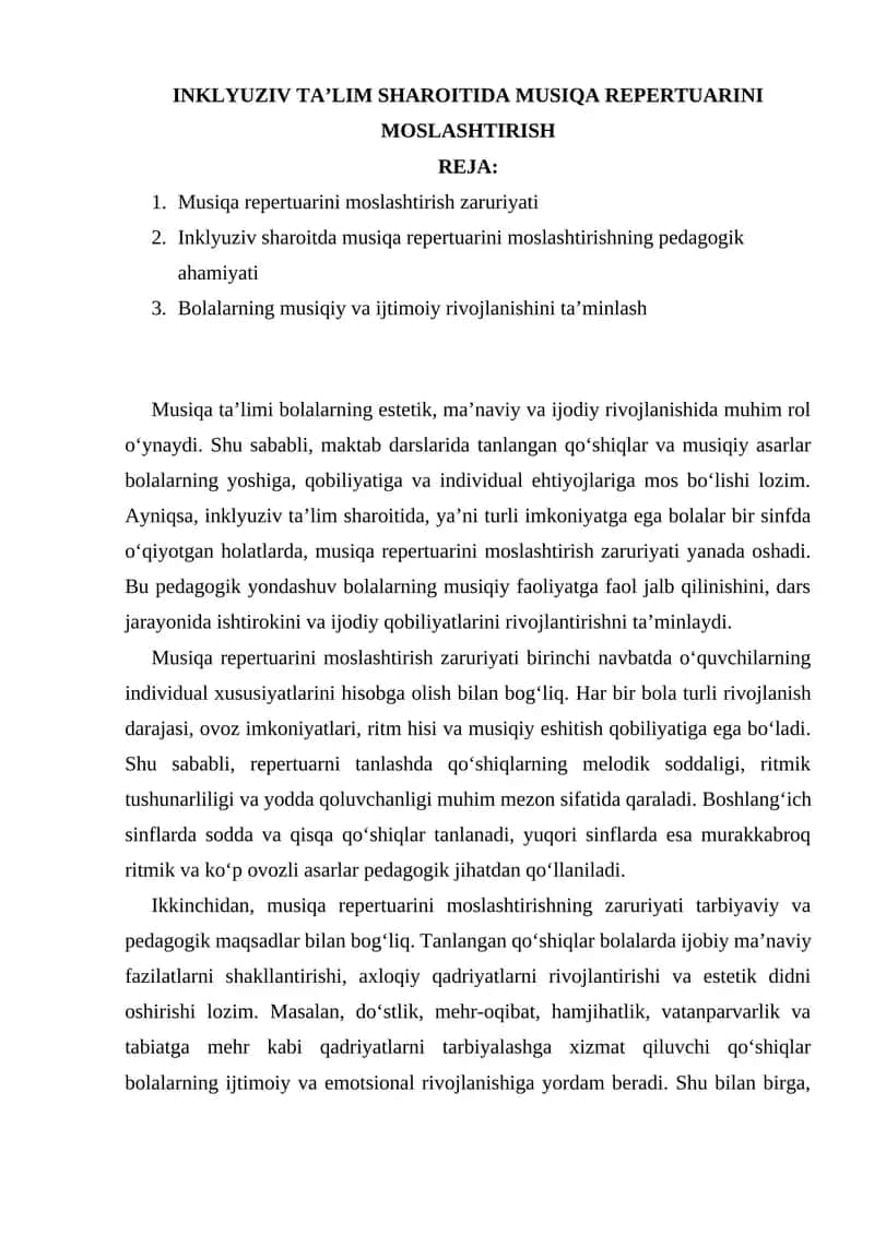 INKLYUZIV TA’LIM SHAROITIDA MUSIQA REPERTUARINI MOSLASHTIRISH