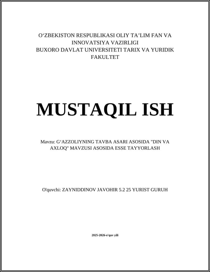 Tavba Asari Asosida "Din va Axloq" Mavzusi Asosida Esse Tayyorlash