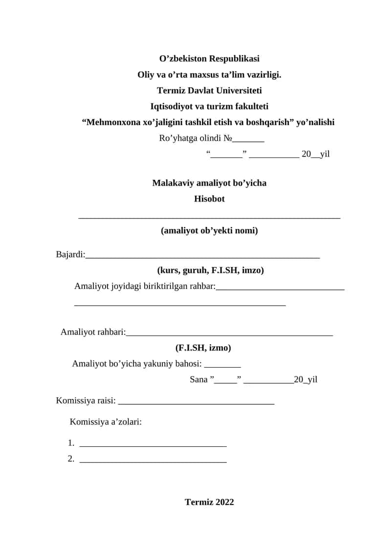 Malakaviy amaliyot bo’yicha Hisobot